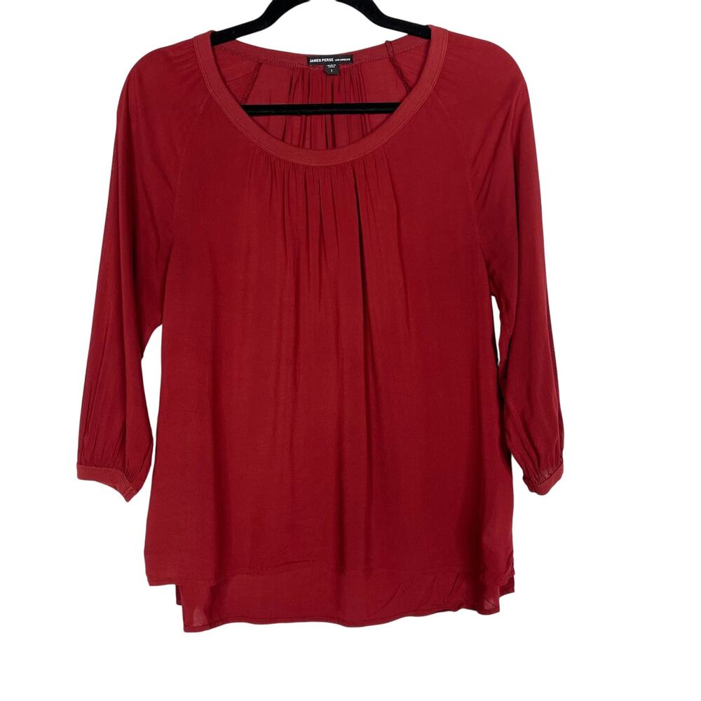 James Perse Womens 1 Small S Maroon Scoop Neck 3/4 Sleeve Blouse Top Pleated